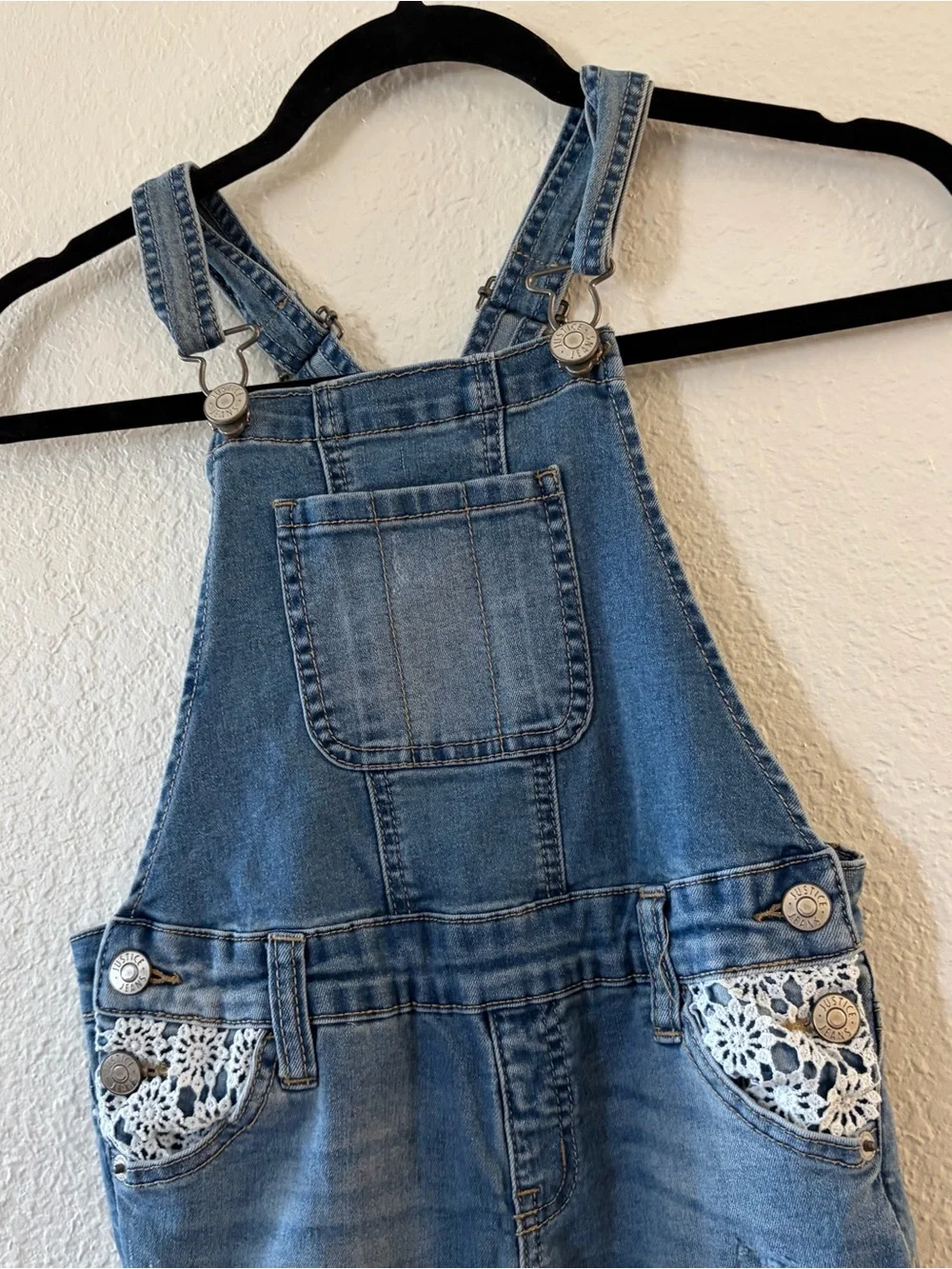 Justice girl size 8 Blue Denim Overalls Jeans with Lace Pocket Detail mid rise